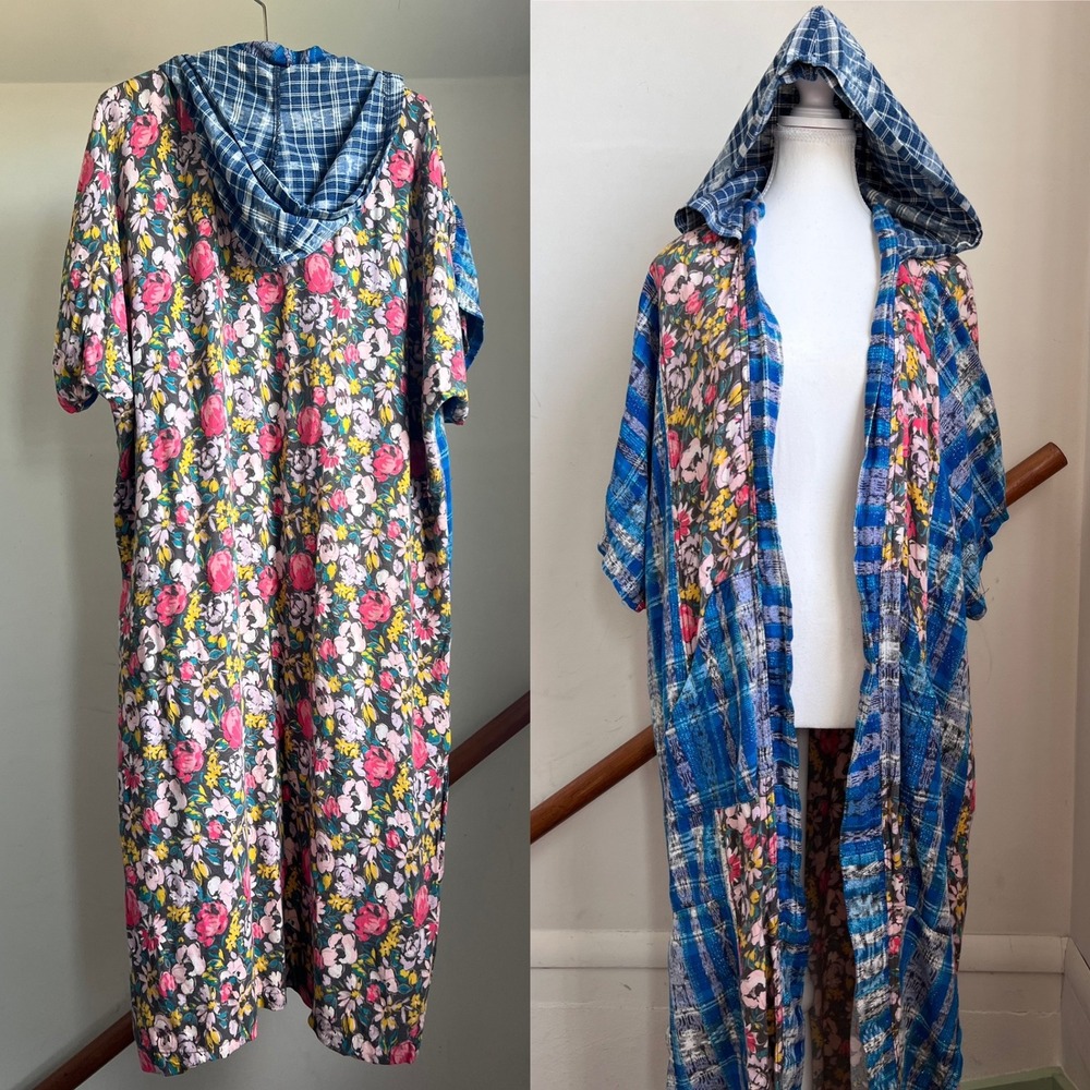 INTO Duster Cardigan Blue Floral Mixed Media Hooded Artsy Japanese Denim Boho